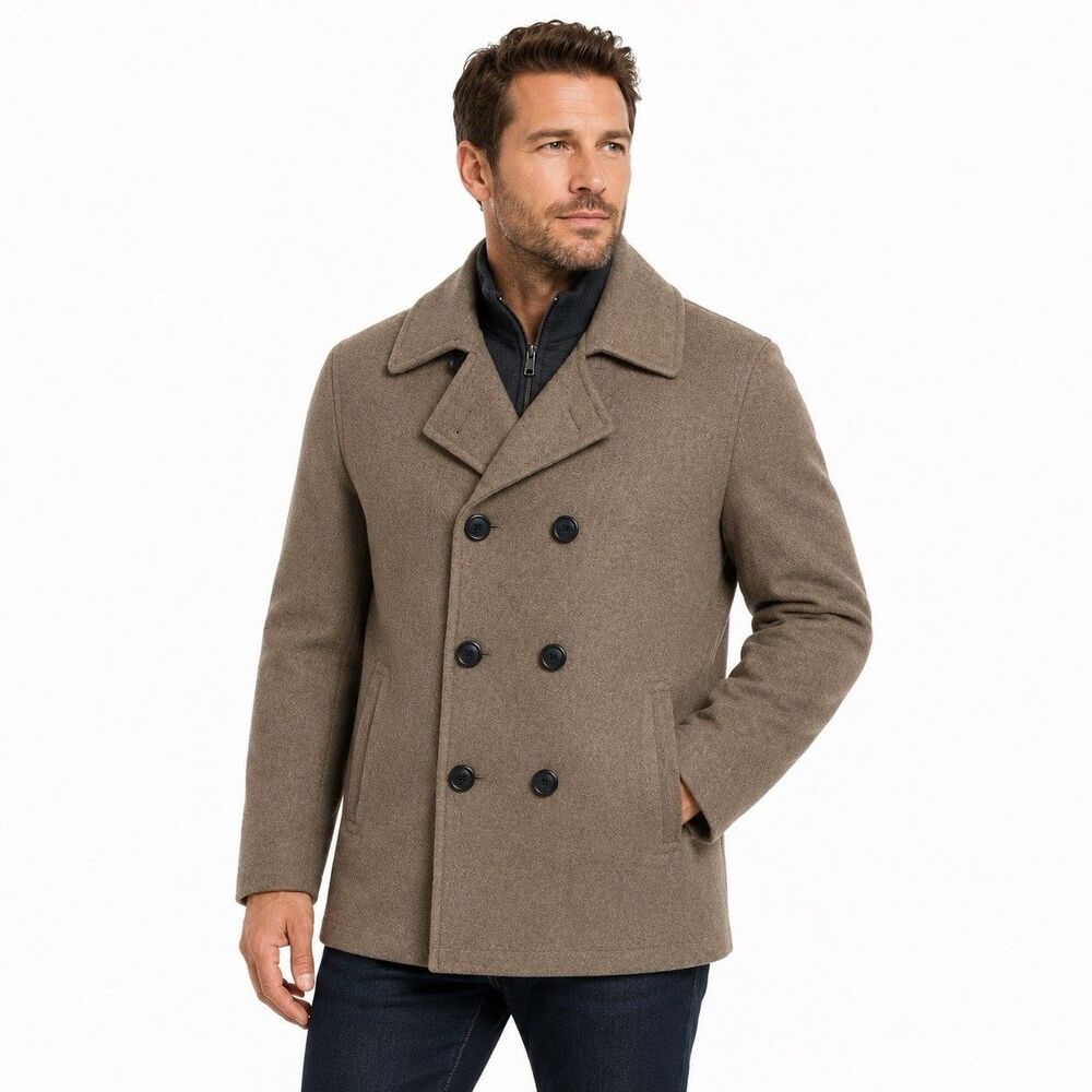 Roundtree & Yorke Luxurious Wool Peacoat Brown Double Breasted Men L